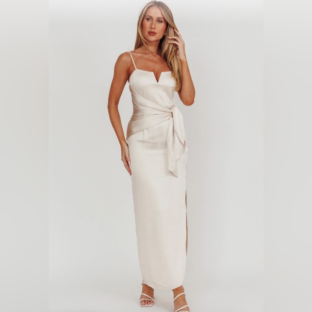 Selfie Leslie Celestine Waist Tie Satin Maxi Dress Light Champagne
